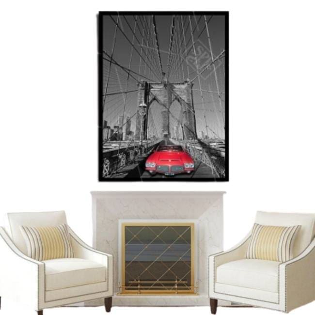 Vintage Schilderij New York Brooklyn Bridge Rood