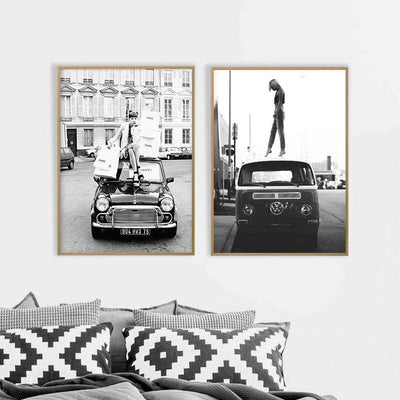Vintage Zwart-Wit Auto Schilderij