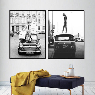 Vintage Zwart-Wit Auto Schilderij