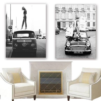 Vintage Zwart-Wit Auto Schilderij